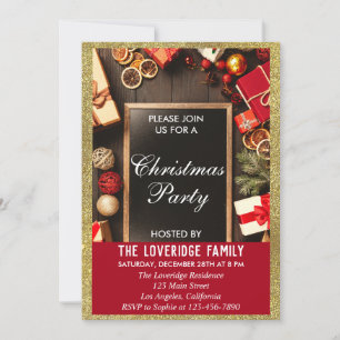 Festive Holiday Christmas Party Red & Gold Glitter Invitation