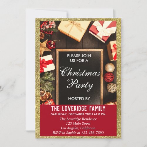 Festive Holiday Christmas Party Red  Gold Glitter Invitation