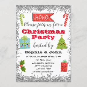 Festive Holiday Christmas Party Silver Glitter Invitation