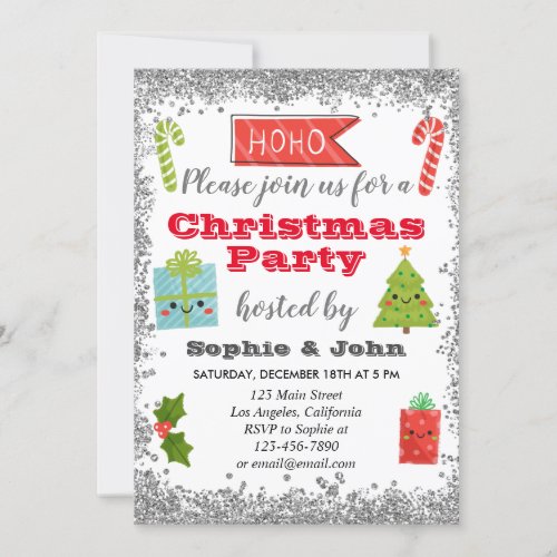 Festive Holiday Christmas Party Silver Glitter Invitation