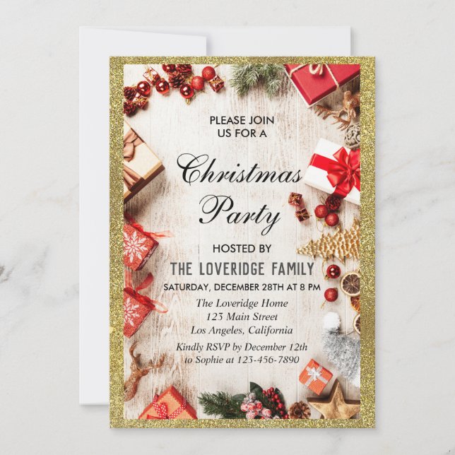 Festive Holiday Christmas Party White Gold Glitter Invitation (Front)