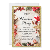 Festive Holiday Christmas Party White Gold Glitter Invitation