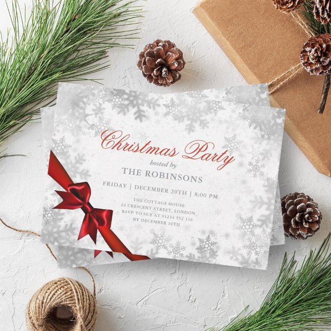 Festive Holiday Christmas Silver & Red Ribbon  Invitation (Festive Holiday Christmas Silver & Red Ribbon Invitation)