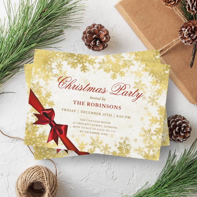 Festive Holiday Christmas Snow Gold & Red Ribbon  Invitation (Festive Holiday Christmas Snow Gold & Red Ribbon Invitation)