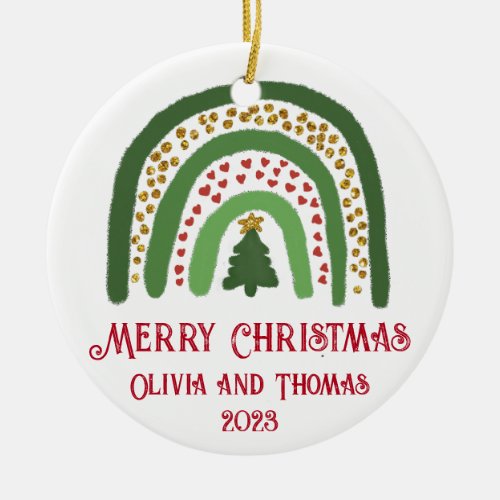 Festive holiday Christmas tree green red rainbow   Ceramic Ornament