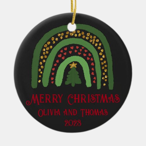 Festive holiday Christmas tree green red rainbow   Ceramic Ornament