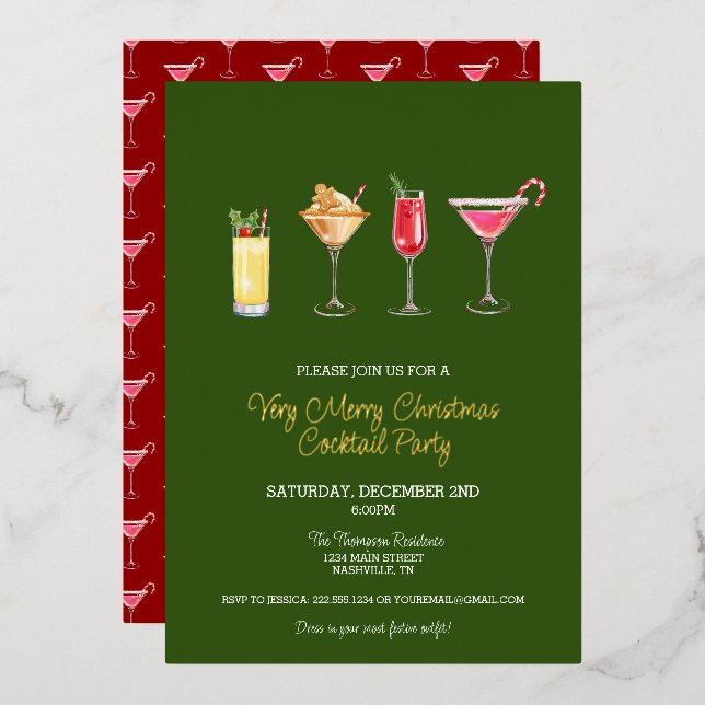 Festive Holiday Cocktail Party Christmas Foil Invitation (Front/Back)
