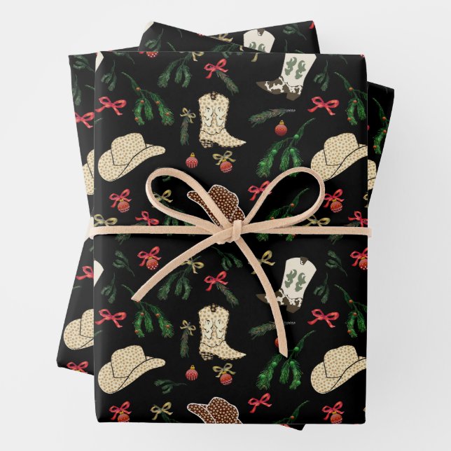 Festive Holiday Cowboy Rodeo Pattern Black Wrapping Paper Sheets (In situ)