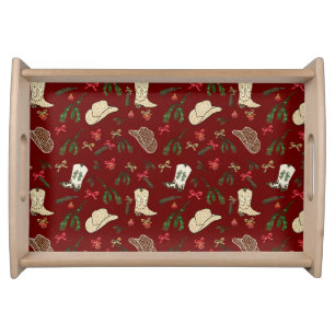 Festive Holiday Cowboy Rodeo Pattern Red Serving Tray