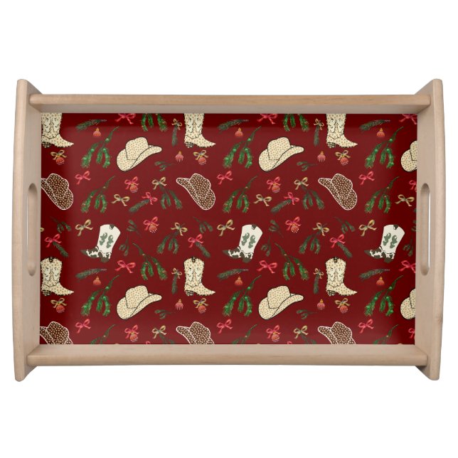 Festive Holiday Cowboy Rodeo Pattern Red Serving Tray (Front)