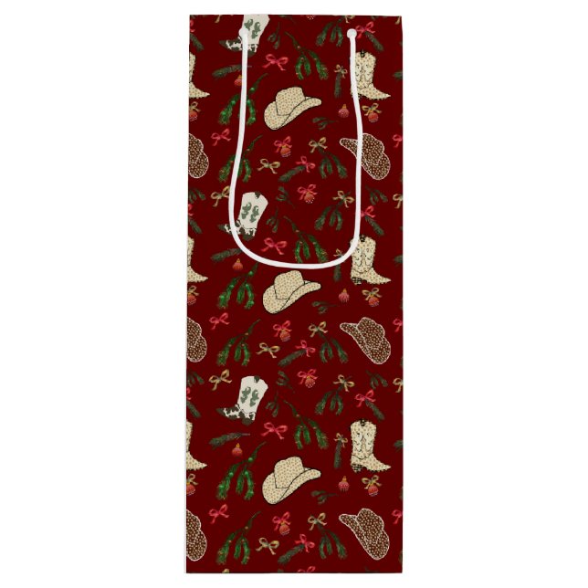 Festive Holiday Cowboy Rodeo Pattern Red Wine Gift Bag (Front)