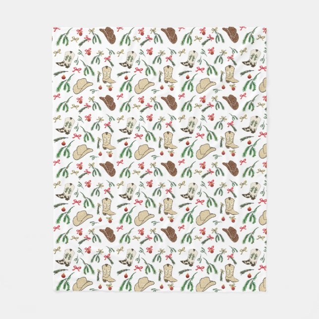 Festive Holiday Cowboy Rodeo Pattern White Fleece Blanket (Front)