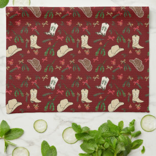 Festive Holiday Cowboy Rodeo Pattern White Kitchen Towel