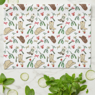 Festive Holiday Cowboy Rodeo Pattern White Kitchen Towel