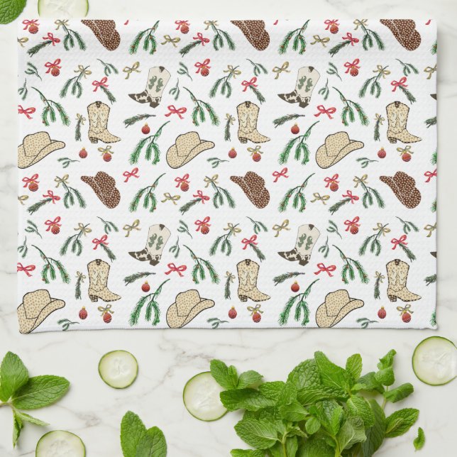 Festive Holiday Cowboy Rodeo Pattern White Kitchen Towel (Folded)