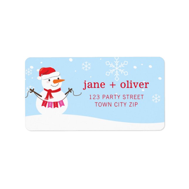 FESTIVE HOLIDAY cute snowman snow blue red Label (Front)