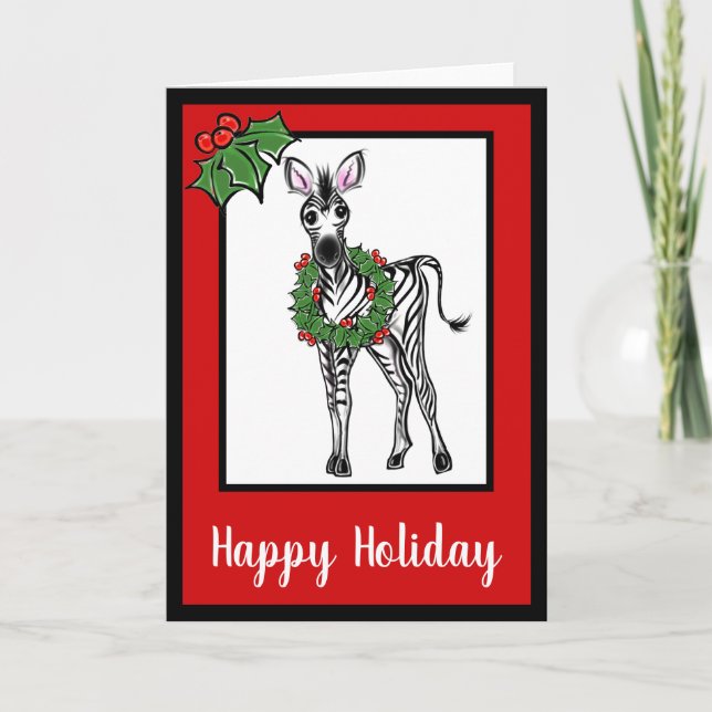 Festive Holiday cute Zebra drawing holly leaves (Front)