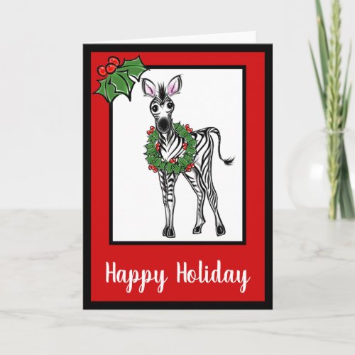 Festive Holiday cute Zebra drawing holly leaves