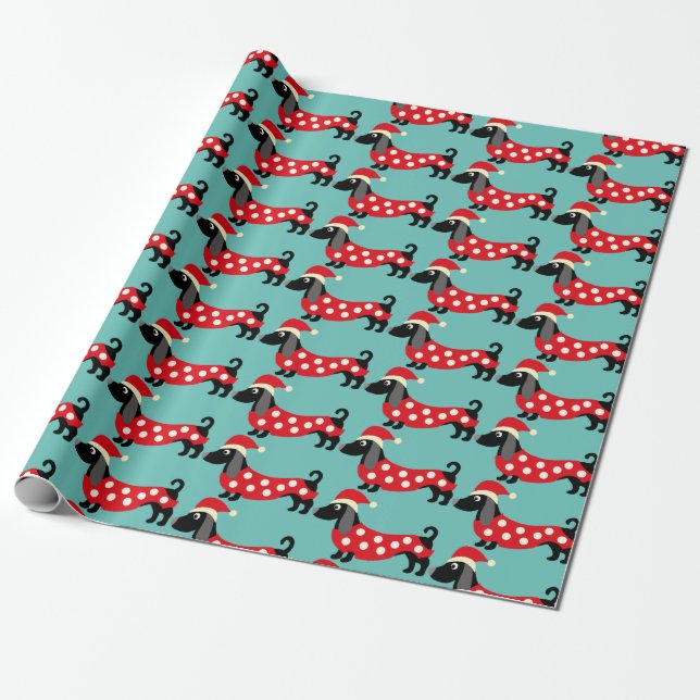 Festive Holiday Dachshunds Wrapping Paper (Unrolled)