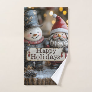 Festive Holiday Decor with Santa and Snowman  Hand Towel
