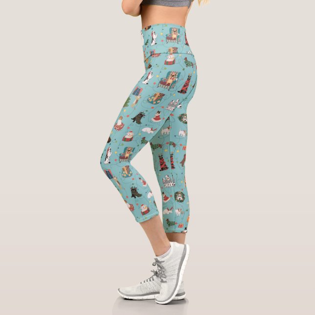 Festive Holiday Dogs in Christmas Sweaters Pattern Capri Leggings (Left)