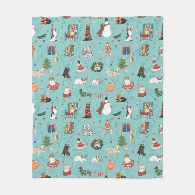Festive Holiday Dogs in Christmas Sweaters Pattern Fleece Blanket (Front)
