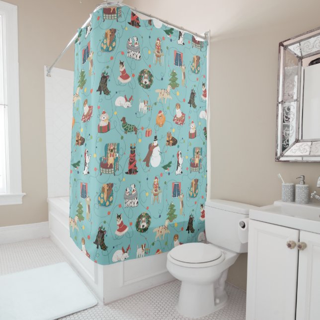 Festive Holiday Dogs in Christmas Sweaters Pattern Shower Curtain (In Situ)