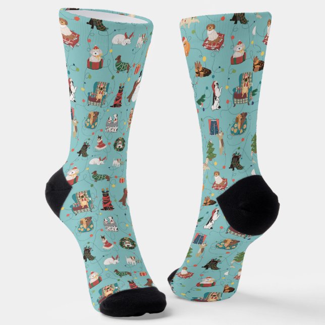 Festive Holiday Dogs in Christmas Sweaters Pattern Socks (Angled)