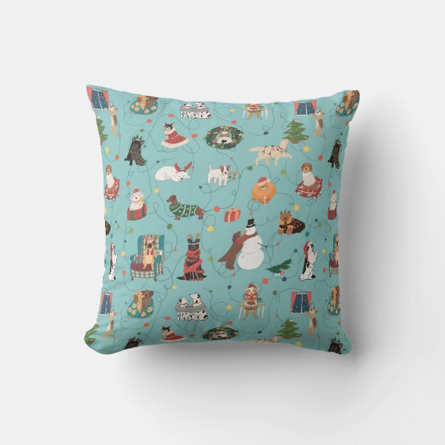 Festive Holiday Dogs in Christmas Sweaters Pattern Throw Pillow (Front)