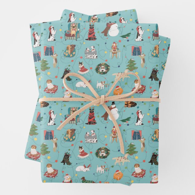 Festive Holiday Dogs in Christmas Sweaters Pattern Wrapping Paper Sheets (In situ)