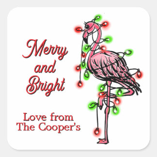 Festive holiday Flamingo  red green Xmas lights Square Sticker