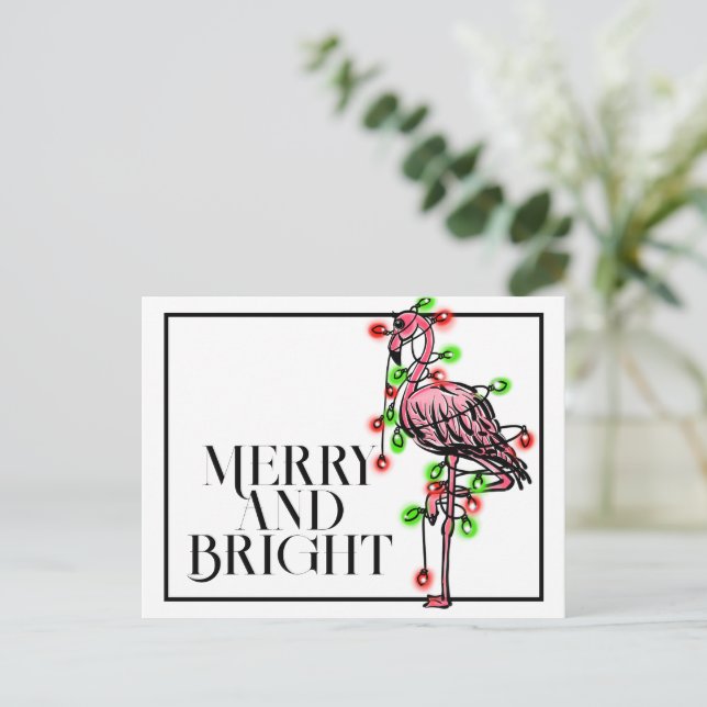 Festive holiday Flamingo | red green Xmas wreath  Postcard (Standing Front)