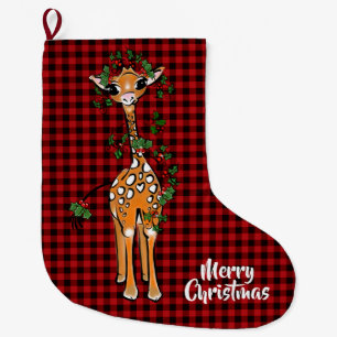 Festive Holiday Giraffe, garland, buffalo plaid Large Christmas Stocking