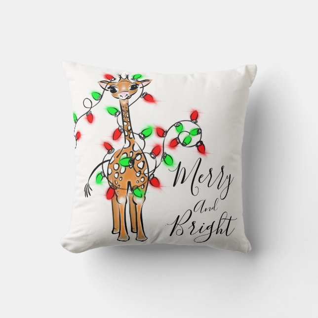 Festive holiday giraffe, red green twinkle lights  throw pillow (Front)