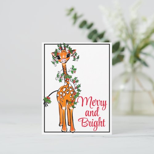 Festive holiday Giraffe  red green Xmas garland Postcard