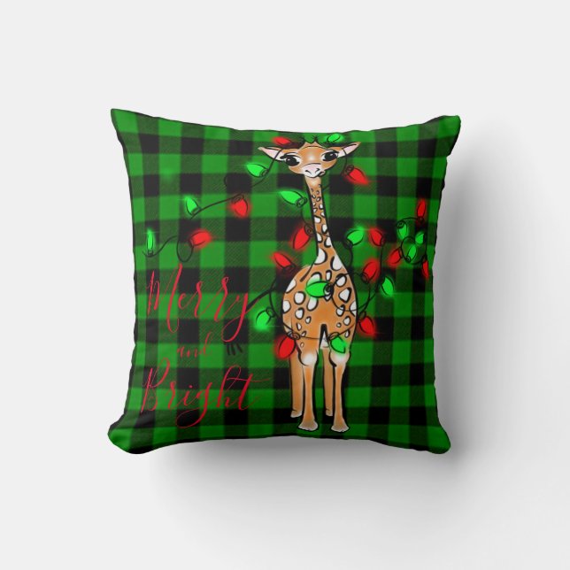 Festive Holiday Giraffe,  twinkle light,  plaid Throw Pillow (Front)