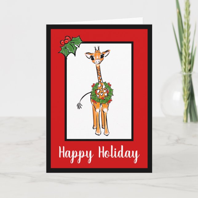 Festive Holiday Giraffe with Holly berry wreath Card (Front)