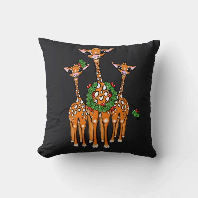 Festive Holiday Giraffes, Holly wreath, Cheers Throw Pillow (Front)