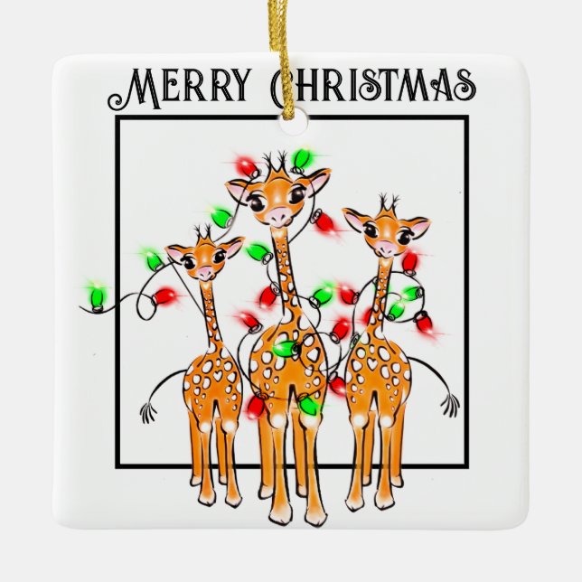 Festive holiday giraffes red green twinkle light ceramic ornament (Front)