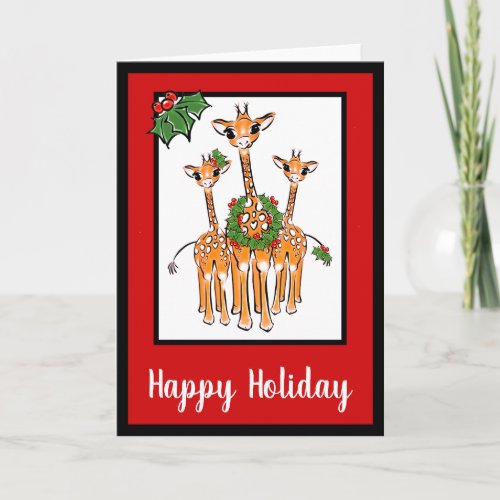 Festive Holiday Giraffes with Holly wreath