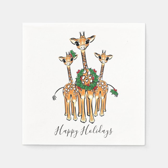 Festive Holiday Giraffes with Holly wreath Napkins (Front)