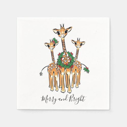 Festive Holiday Giraffes with Holly wreath Napkins