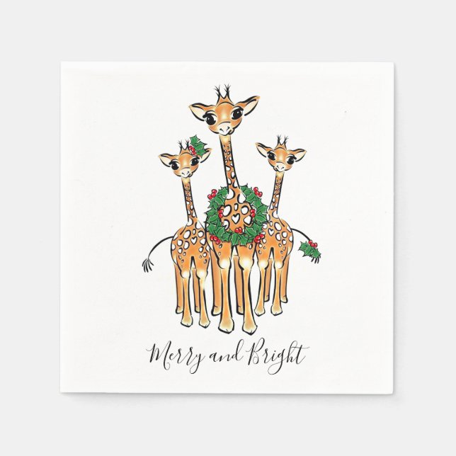 Festive Holiday Giraffes with Holly wreath Napkins (Front)