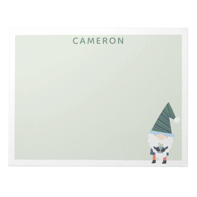 Festive Holiday Gnome Cartoon Green Personalized Notepad (Front)