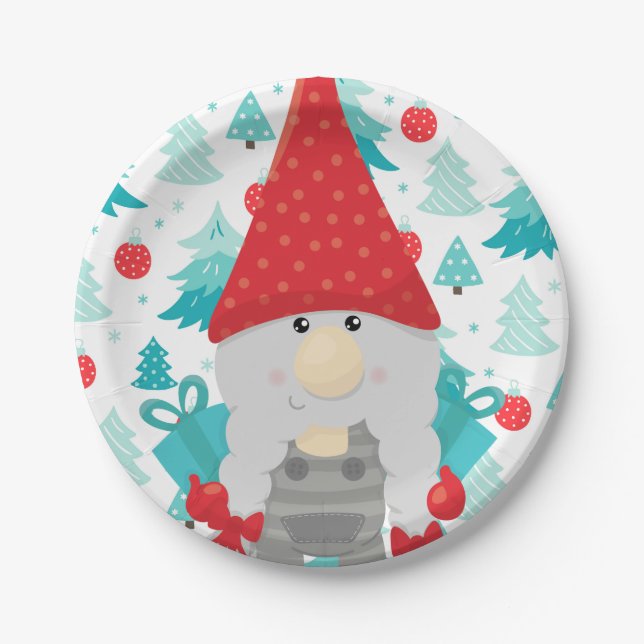 Festive Holiday Gnome with gifts Paper Plates (Front)