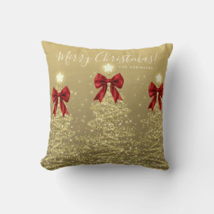 Festive Holiday Gold Christmas Trees Red w/ Name Throw Pillow