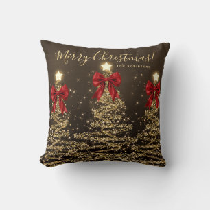 Festive Holiday Gold Christmas Trees Red w/ Name Throw Pillow