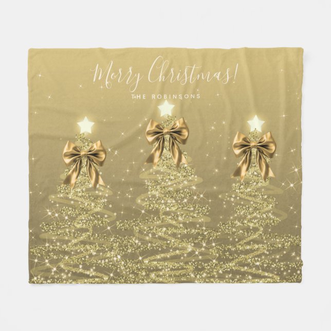 Festive Holiday Gold Christmas Trees w/ Bows Fleece Blanket (Front (Horizontal))