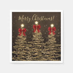 Festive Holiday Gold Christmas Trees w/ Red Bows Napkins