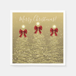 Festive Holiday Gold Christmas Trees w/ Red Bows Napkins